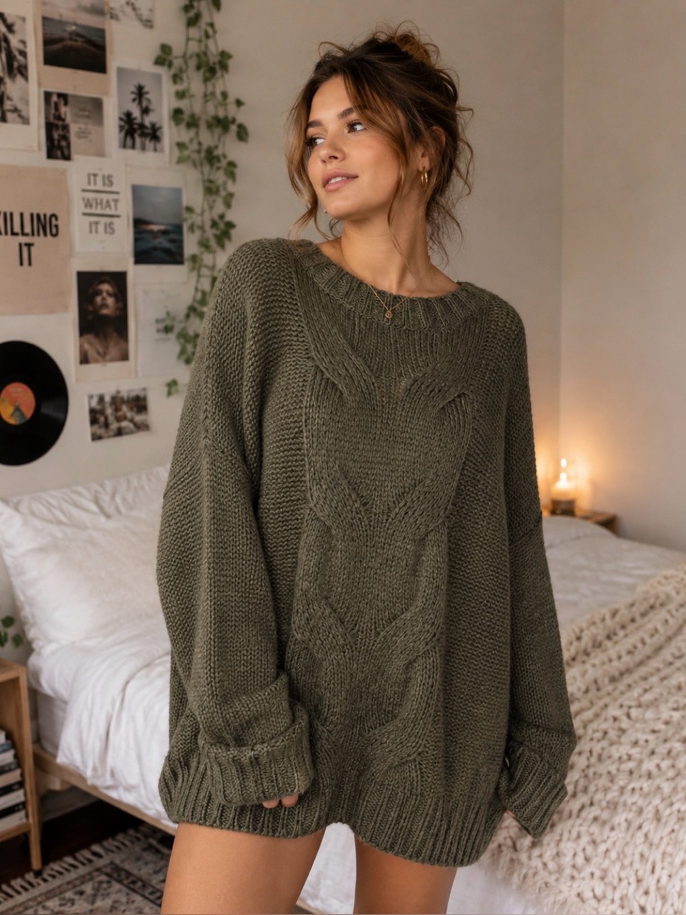 Aerie Happy Place Women’s Medium Oversized Olive Green Knit Sweater Cozy
